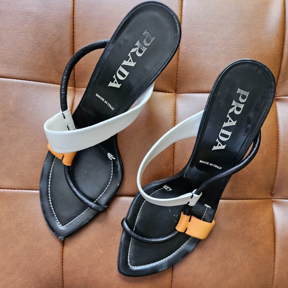 Prada Strappy Italian Leather Heels Color Blocked Vero Cuoio Sz 39.5 or US 9
